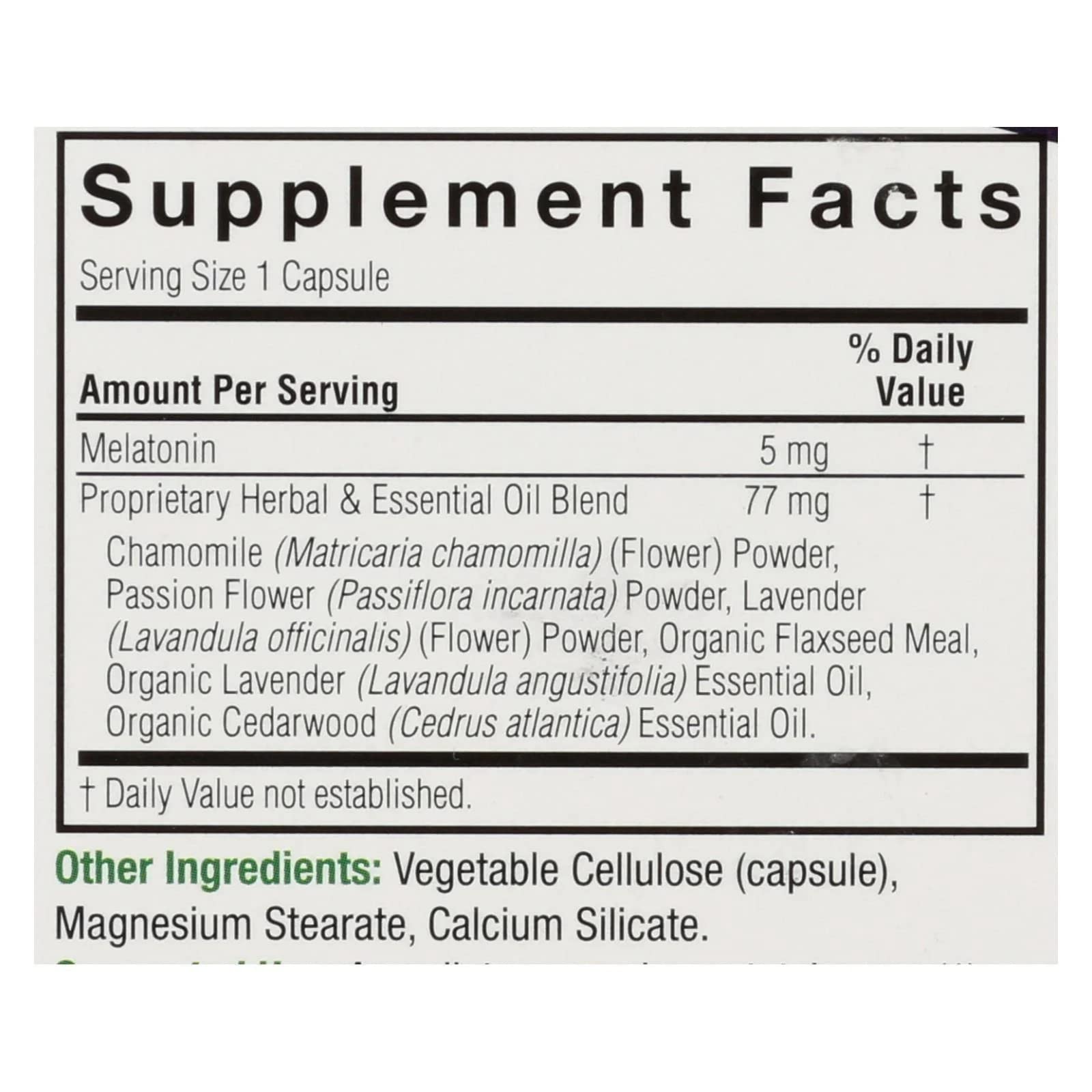 Melatonin+ capsules with lavender and cedarwood essential oils and phyto-herbal blend (chamomile, passion flower, flaxseed)