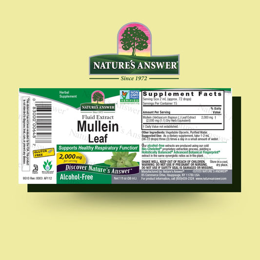 Close-up of Nature's Answer Mullein Leaf bottle and label, 1oz two-pack