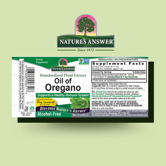 Nature's Answer Oil of Oregano Leaf label close-up