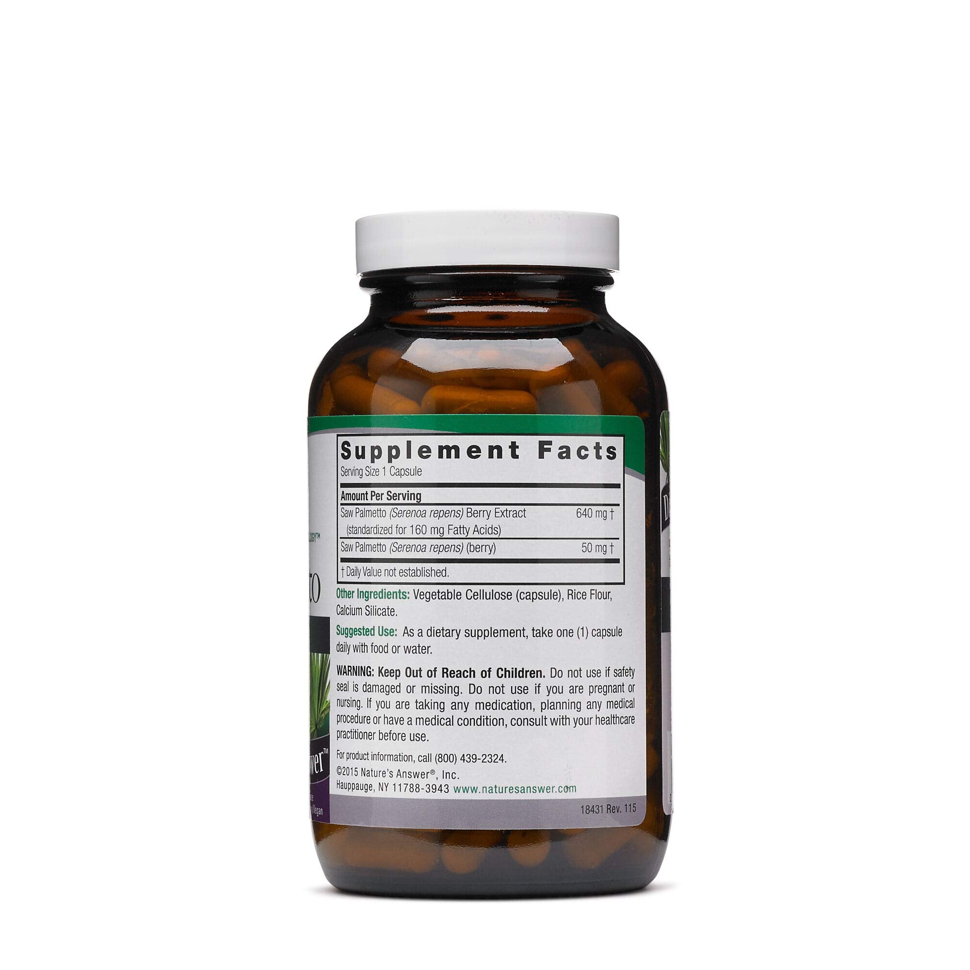 Close-up of Nature's Answer Saw Palmetto standardized extract (160 mg fatty acids)