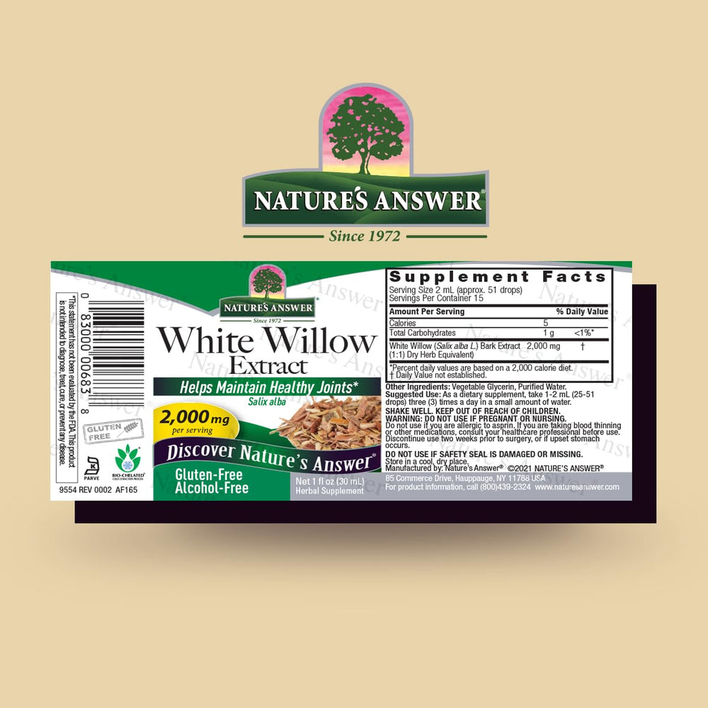 Nature's Answer White Willow Bark Extract USA-made bottle highlights trusted domestic production