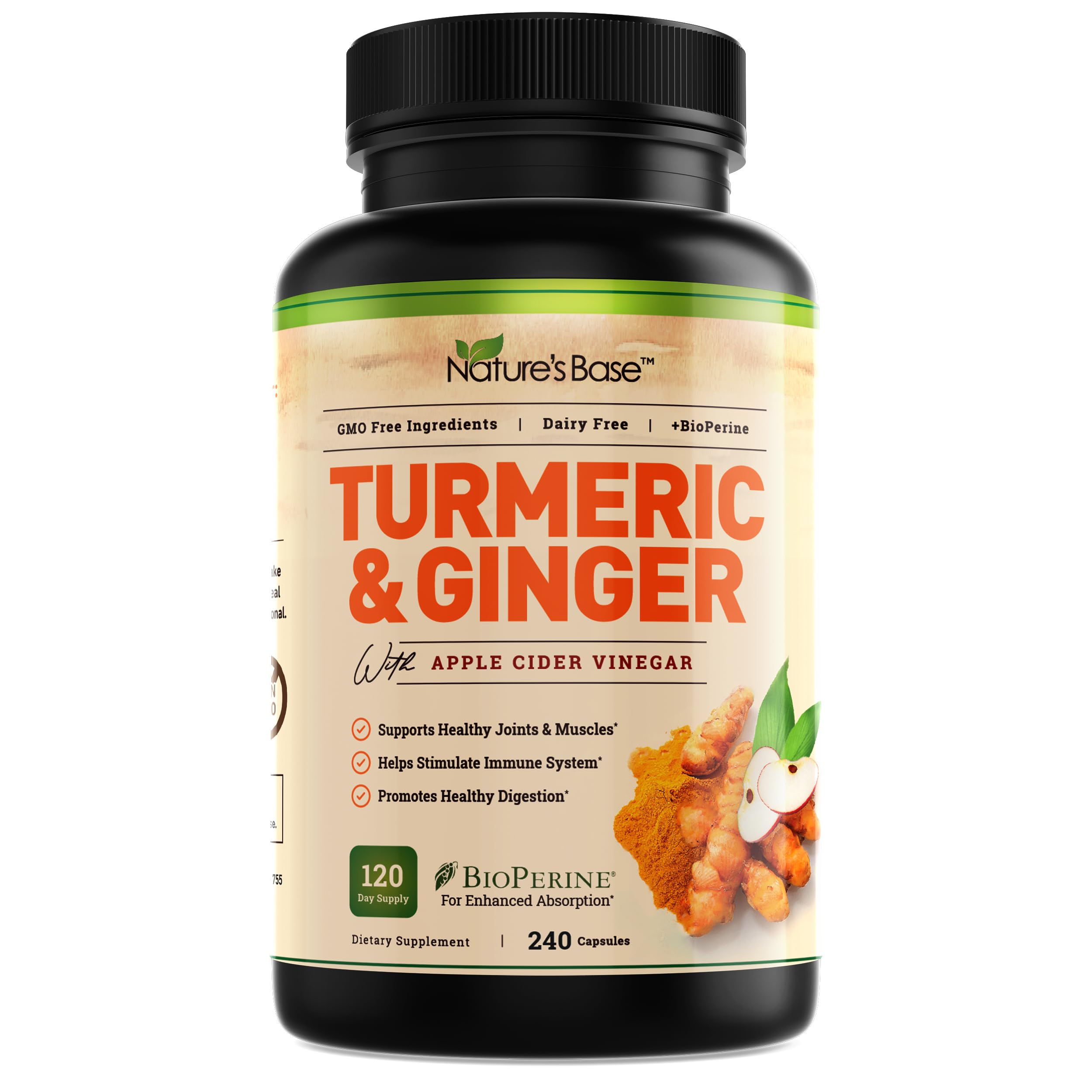 Nature's Base turmeric-ginger supplement bottle for daily wellness and easy dosing.