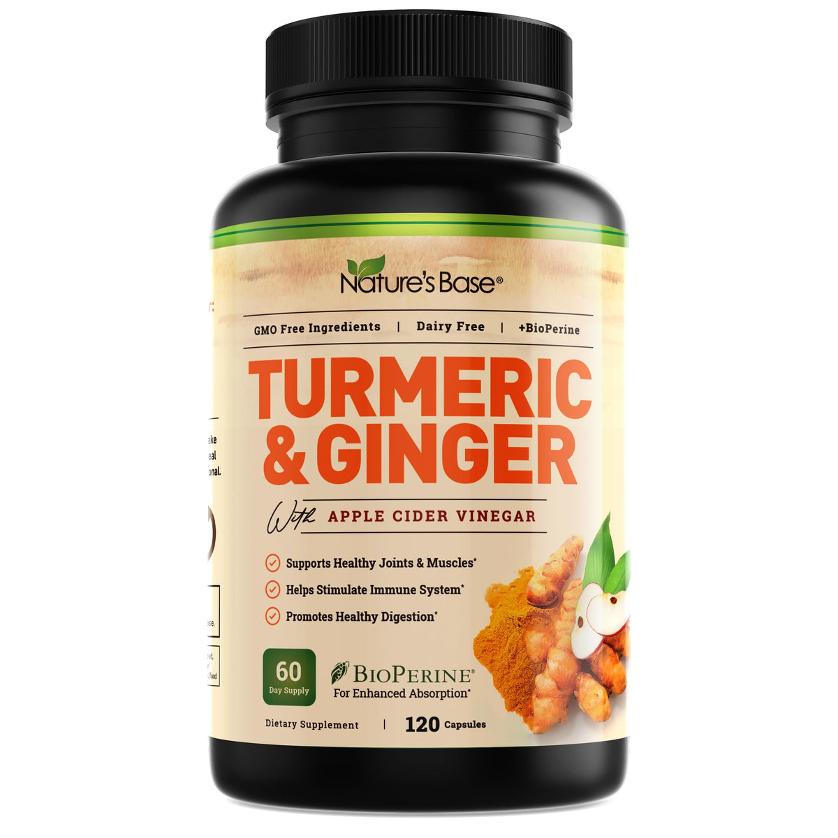 Nature's Base Turmeric & Ginger supplement bottle on white background