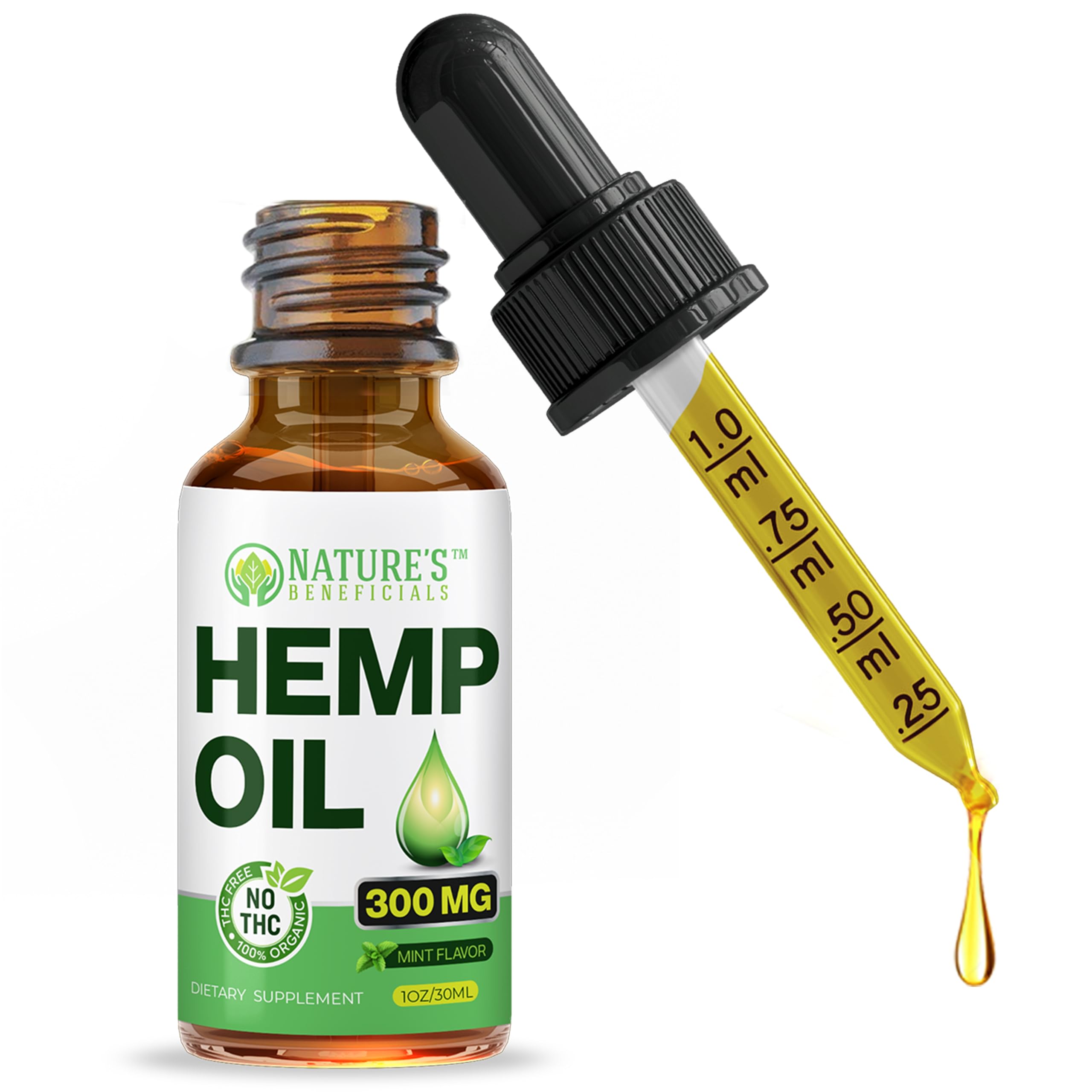 1 oz bottle of NATURE'S BENEFICIALS Organic Hemp Oil Drops with dropper