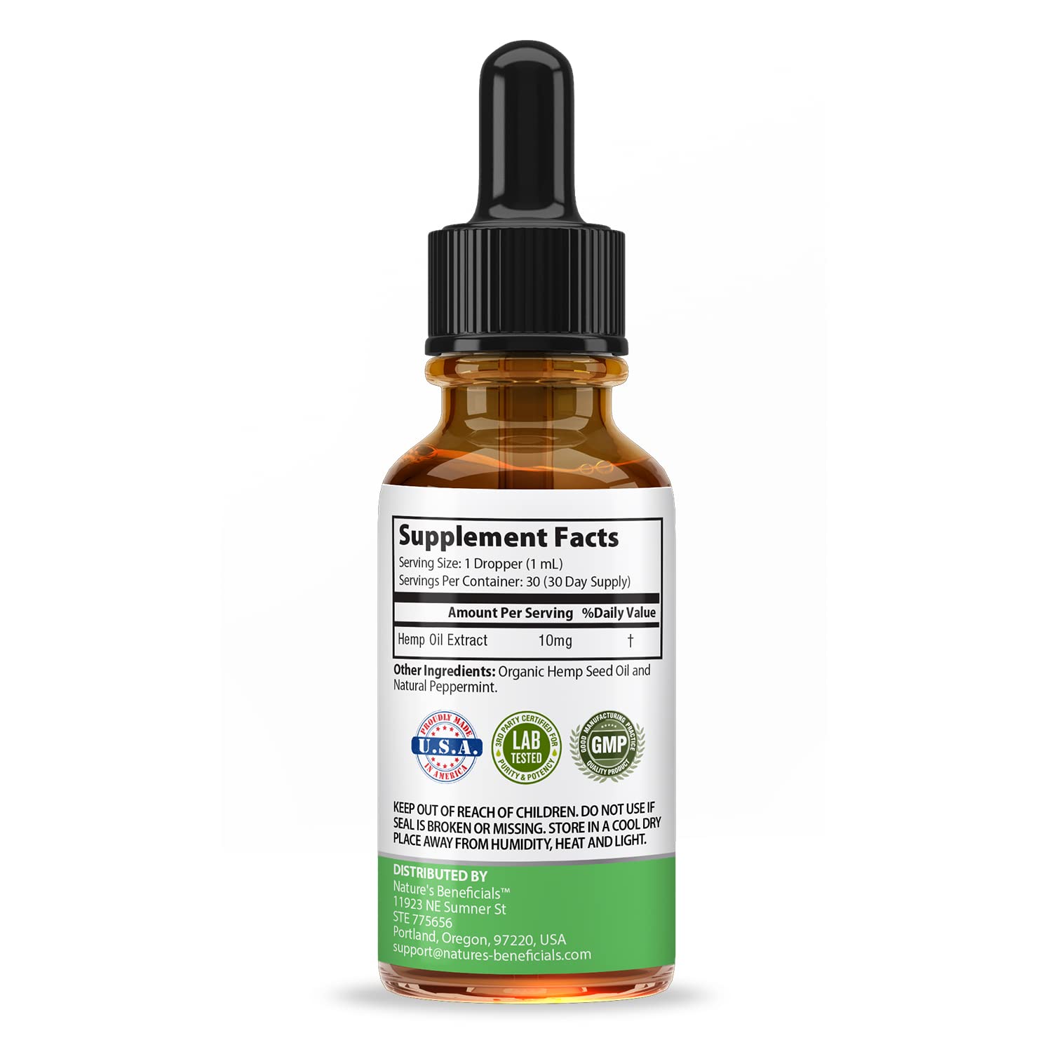 Peppermint-mint flavored hemp oil dropper close-up