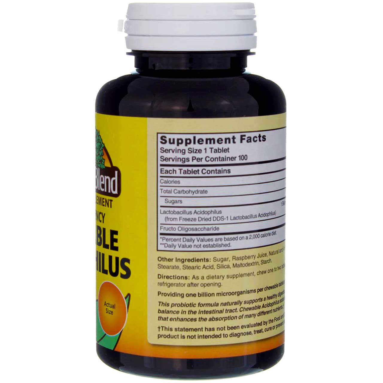 Back label with supplement facts and storage guidance