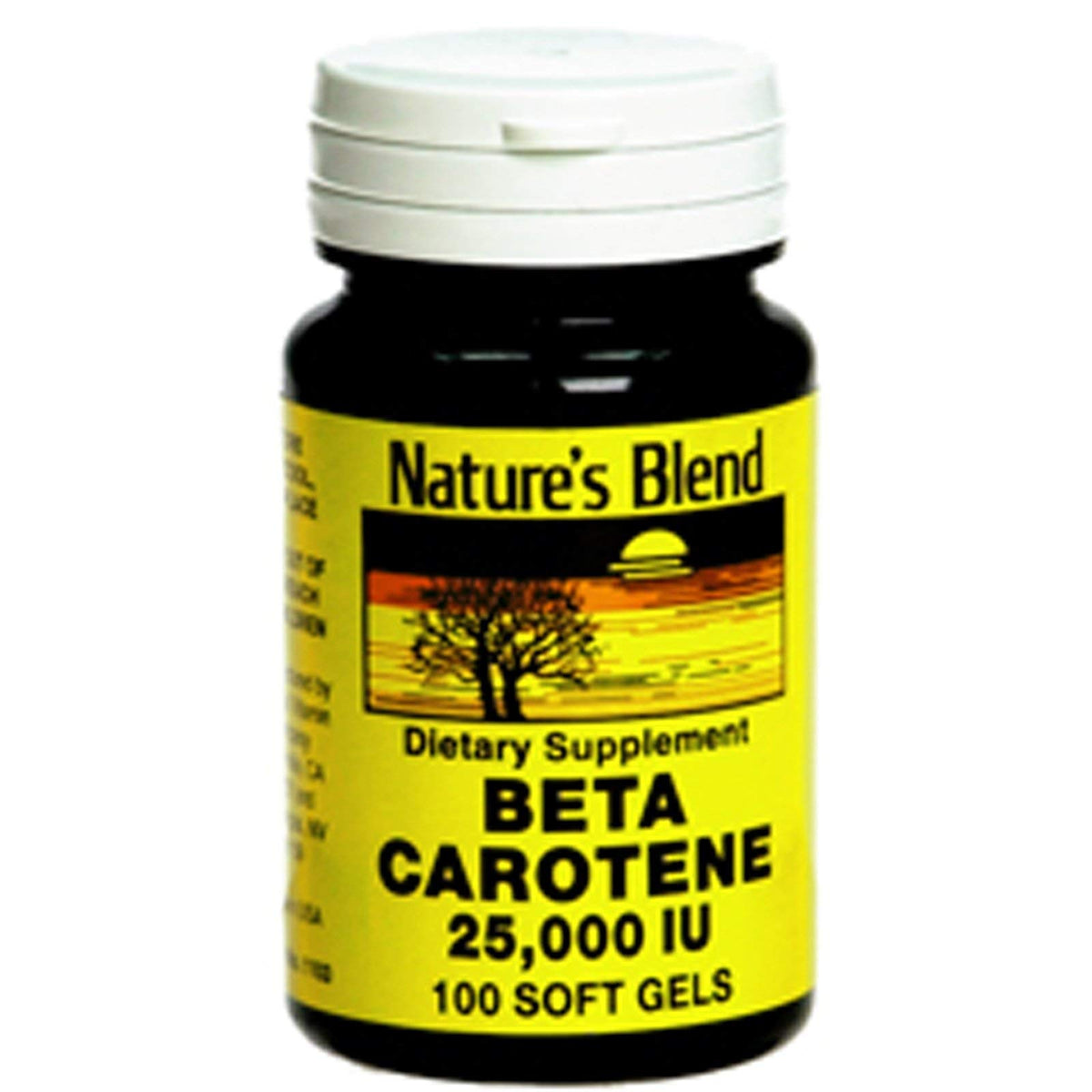 Front bottle of Nature's Blend Beta Carotene 25,000 IU 100 Softgels