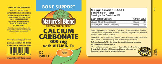 Close-up of Nature's Blend bottle label for calcium carbonate with D3