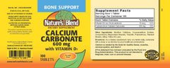 Close-up of Nature's Blend bottle label for calcium carbonate with D3