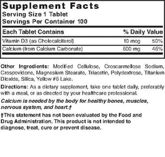 Back label of Nature's Blend Calcium Carbonate 600 mg with D3 400 IU bottle