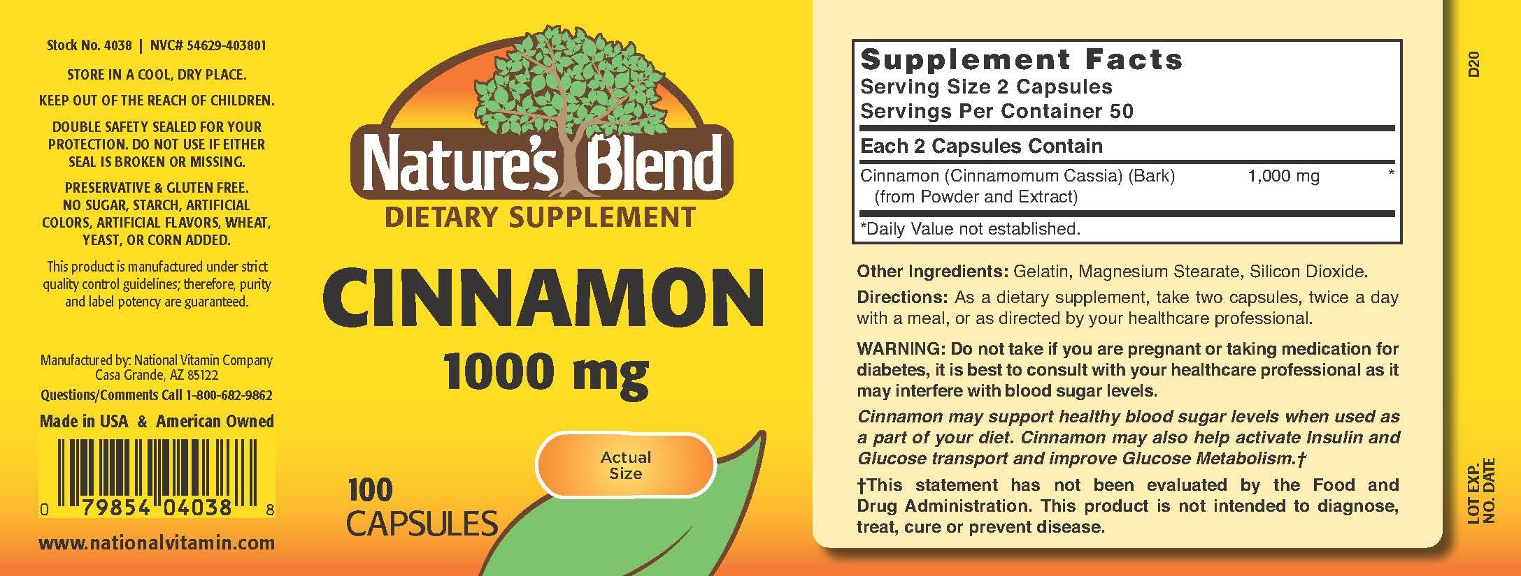 Close-up of Nature's Blend Cinnamon 1,000 mg 100 Caps label