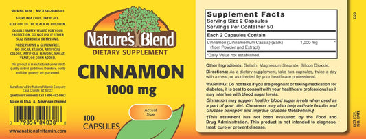 Close-up of Nature's Blend Cinnamon 1,000 mg 100 Caps label