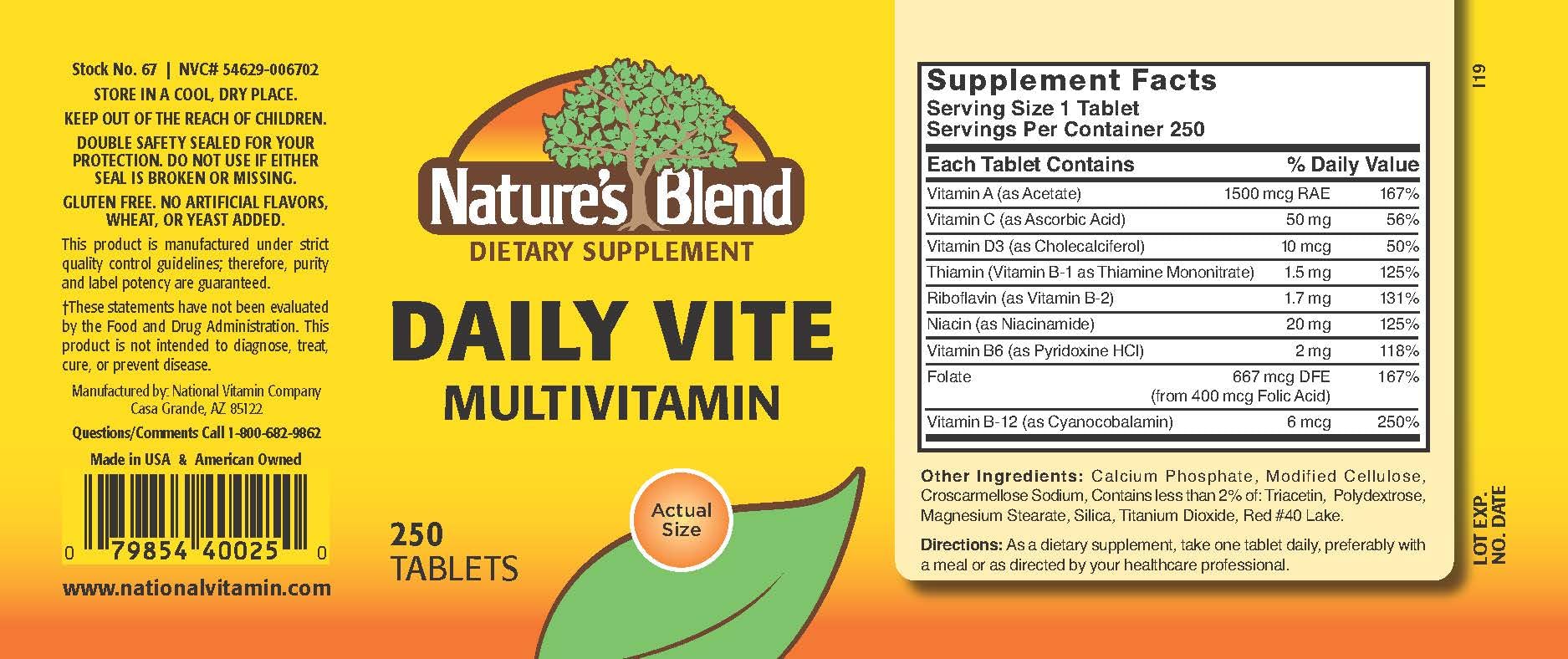 Nature's Blend Daily Vite 250 Tablets nutrition label