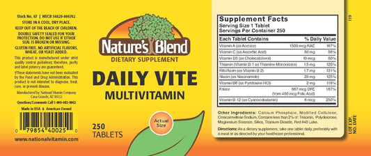 Nature's Blend Daily Vite 250 Tablets nutrition label