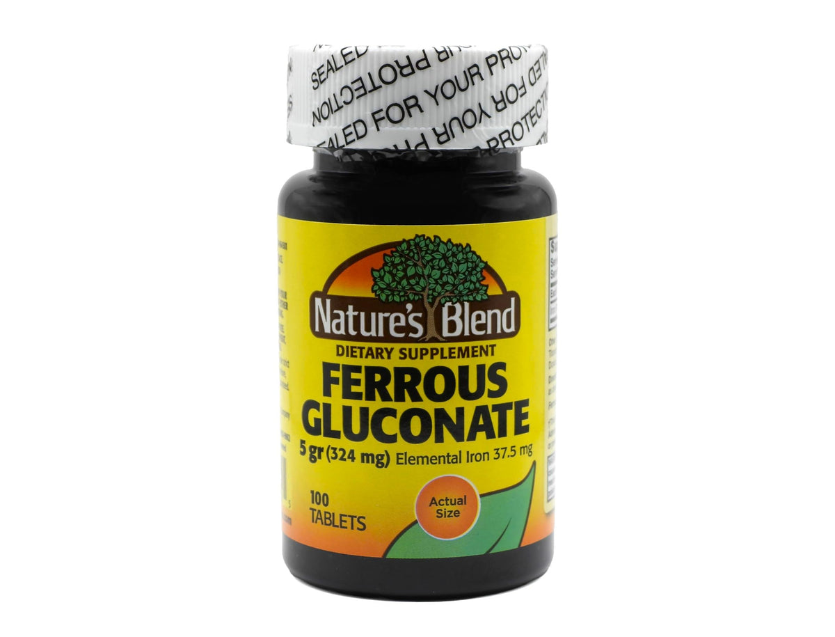 Bottle of Nature's Blend Ferrous Gluconate Tablets 100 count