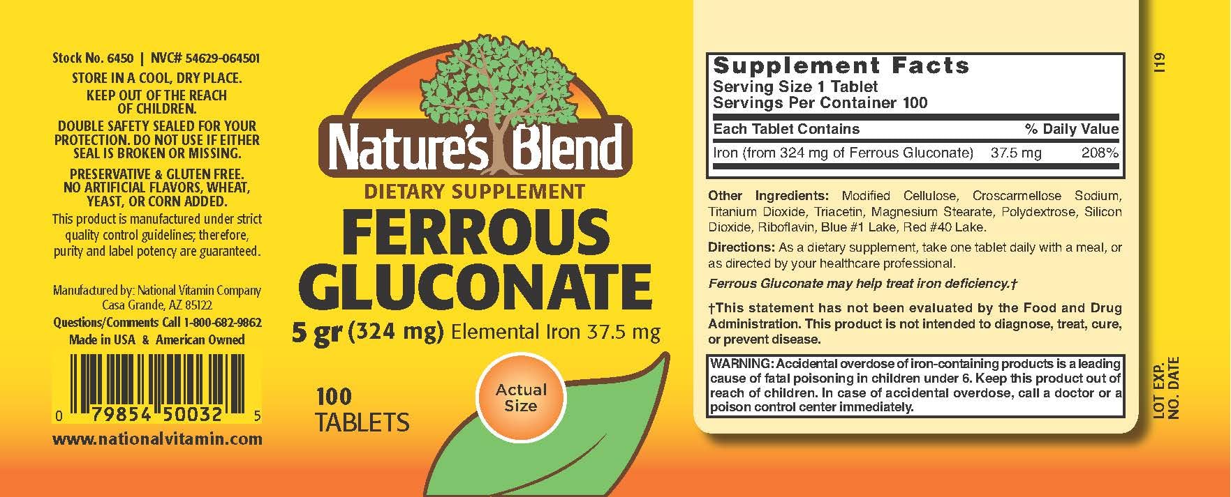 Close-up of Nature's Blend Ferrous Gluconate Tablets bottle label