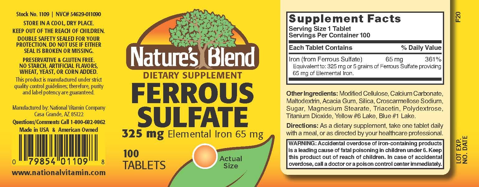 Close-up of Nature's Blend Ferrous Sulfate 325 mg tablets