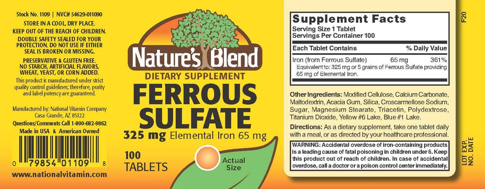 Close-up of Nature's Blend Ferrous Sulfate 325 mg tablets