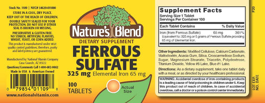 Close-up of Nature's Blend Ferrous Sulfate 325 mg tablets