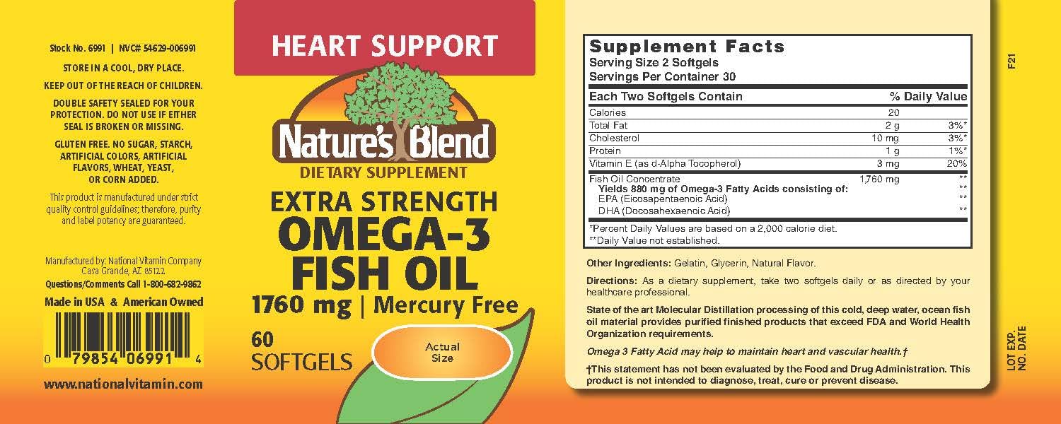Close-up of Nature's Blend Fish Oil label showing 1760 mg Omega-3