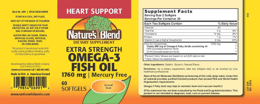 Close-up of Nature's Blend Fish Oil label showing 1760 mg Omega-3