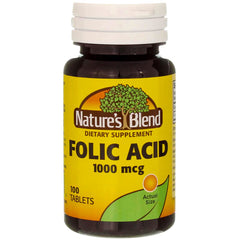 Front view of Nature's Blend Folic Acid 1000mcg tablets bottle