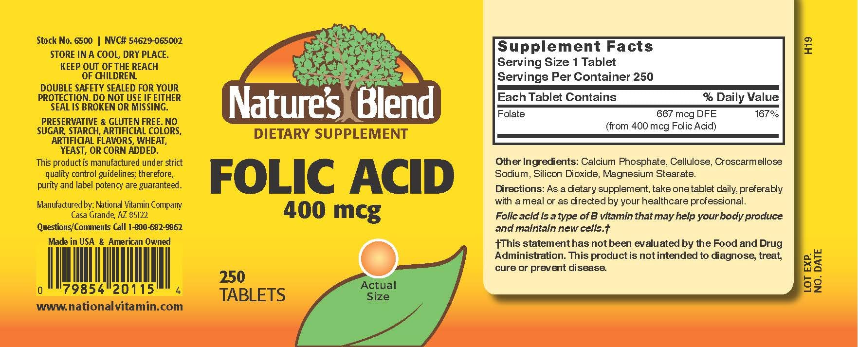 Nature's Blend Folic Acid 400 mcg bottle label with nutrition facts