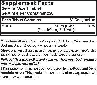 Close-up of Nature's Blend Folic Acid 400 mcg tablets - 250 count bottle