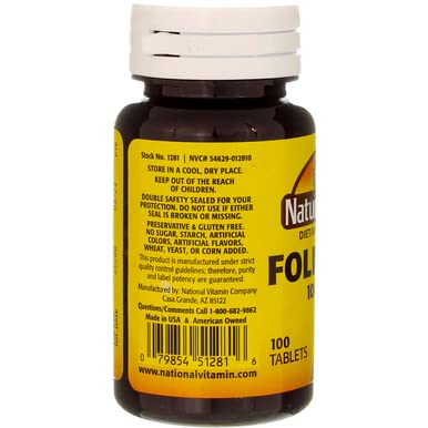 Nutrition facts/ingredients panel for Nature's Blend Folic Acid