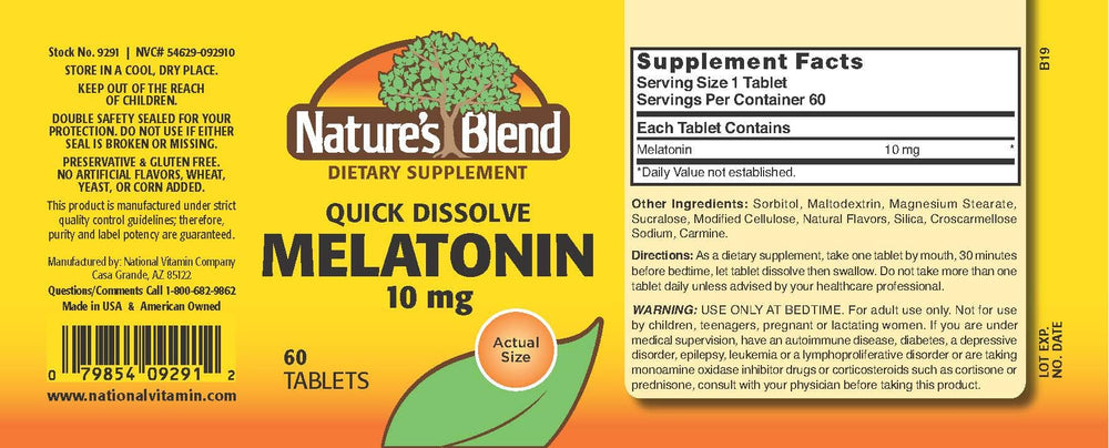 Close-up of Nature's Blend Melatonin 10mg tablet