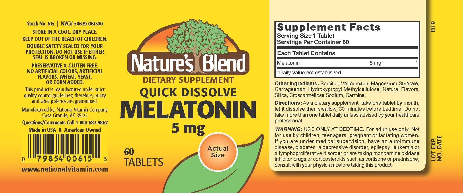 Close-up of a Nature's Blend Melatonin 5 mg tablet