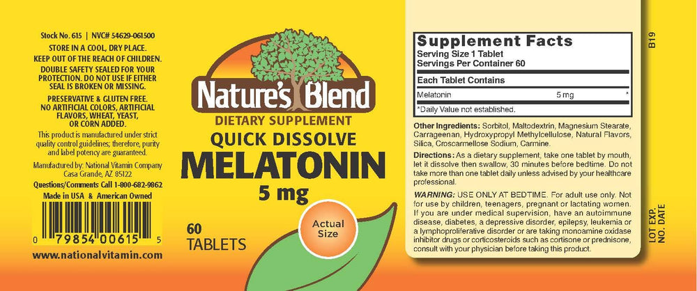 Close-up of a Nature's Blend Melatonin 5 mg tablet