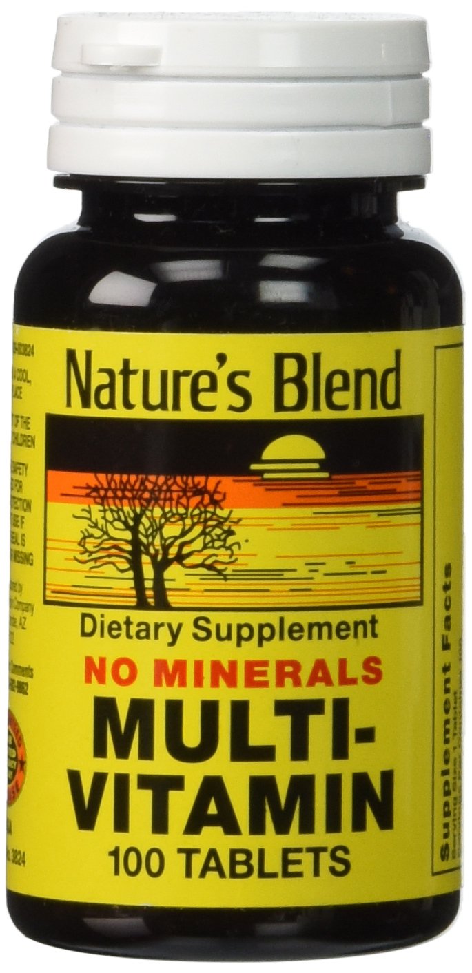 Bottle of Nature's Blend Multivitamin No Minerals, 100 Tabs, Model 3824, gluten-free