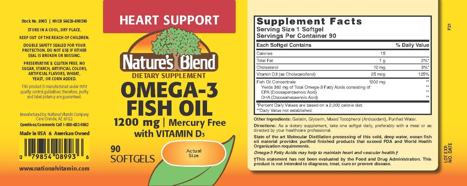 Bottle back label of Nature's Blend Omega-3 and D3 softgels