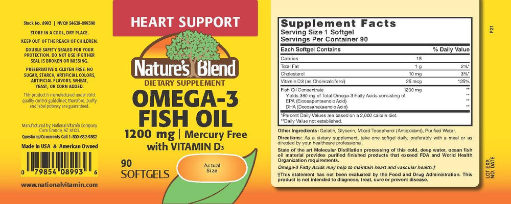 Bottle back label of Nature's Blend Omega-3 and D3 softgels