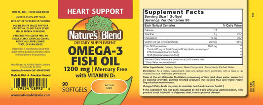 Bottle back label of Nature's Blend Omega-3 and D3 softgels