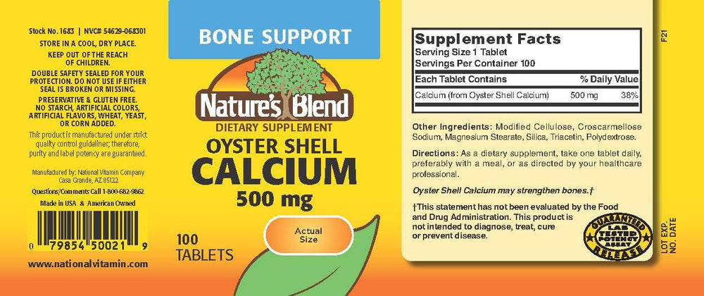 Close-up of Nature's Blend Oyster Shell Calcium label