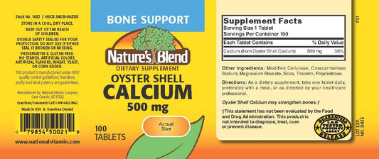 Close-up of Nature's Blend Oyster Shell Calcium label