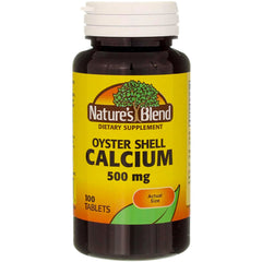 Close-up of Nature's Blend Oyster Shell Calcium 500 mg tablets bottle – 100 count