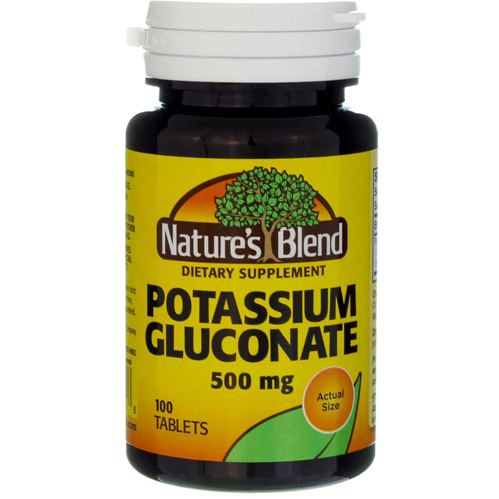 Close-up of Potassium Gluconate 500 mg bottle label