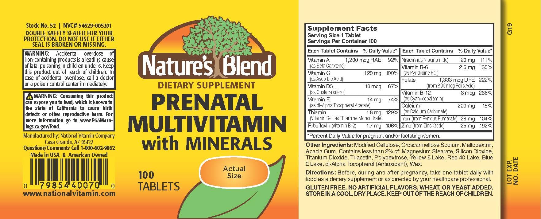 Close-up of Nature's Blend Prenatal Formula Multivitamin bottle label - gluten free