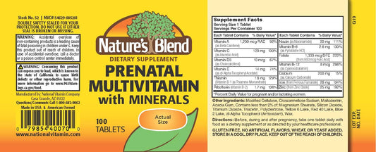 Close-up of Nature's Blend Prenatal Formula Multivitamin bottle label - gluten free