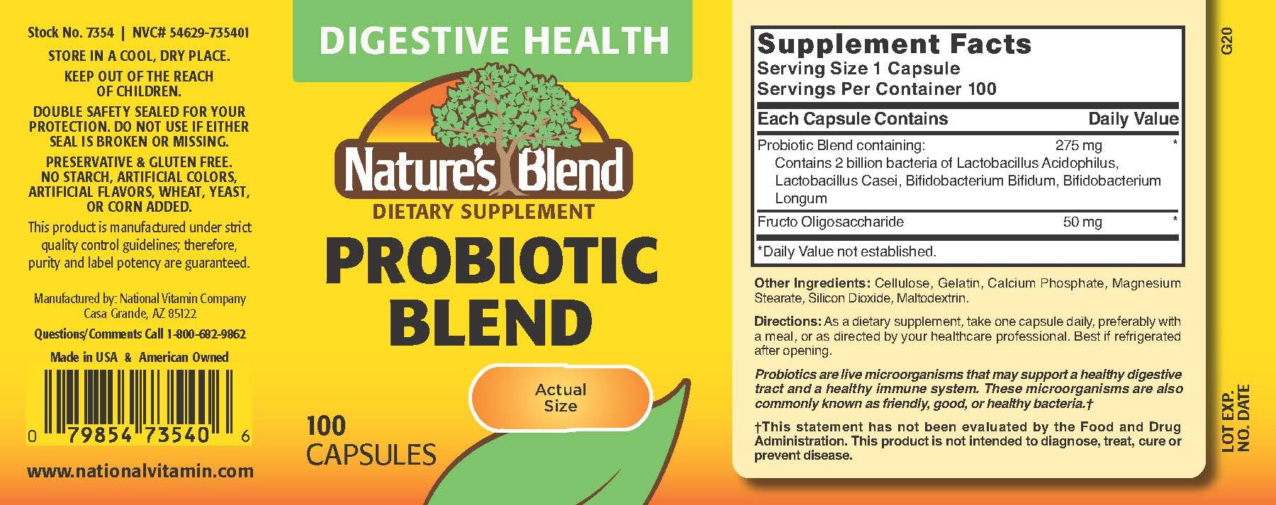 Nature's Blend Probiotic Blend 2 Million CFU 100 Capsules White bottle close-up