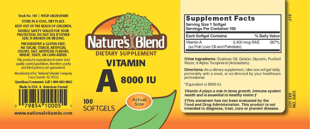 Close-up of Nature's Blend Vitamin A 8000 IU softgels packaging label