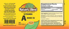 Close-up of Nature's Blend Vitamin A 8000 IU softgels packaging label