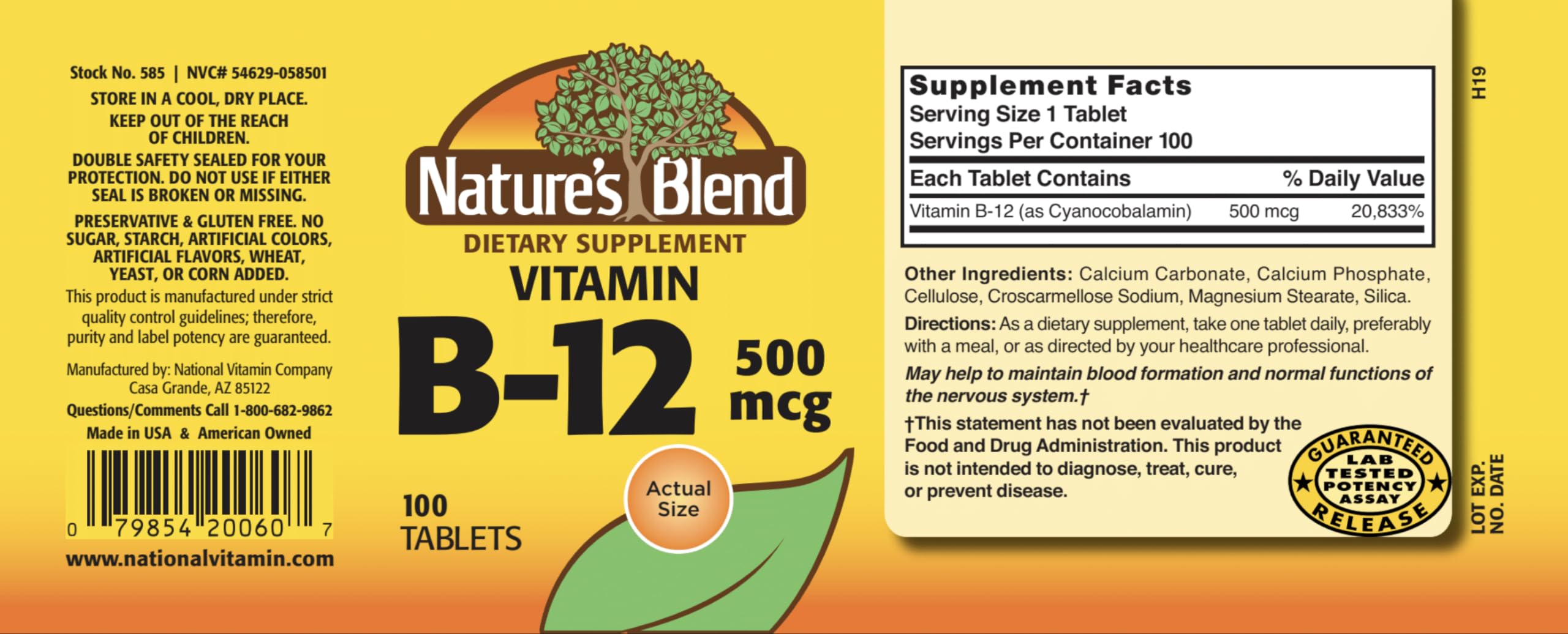 Close-up of Vitamin B-12 500 mcg bottle label