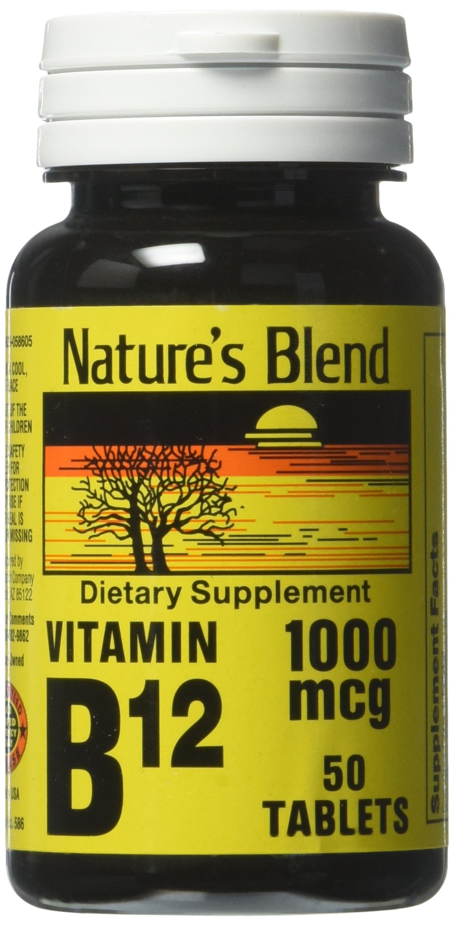 Bottle label of Nature's Blend Vitamin B12 Tablets 1000 mcg, 50 tabs