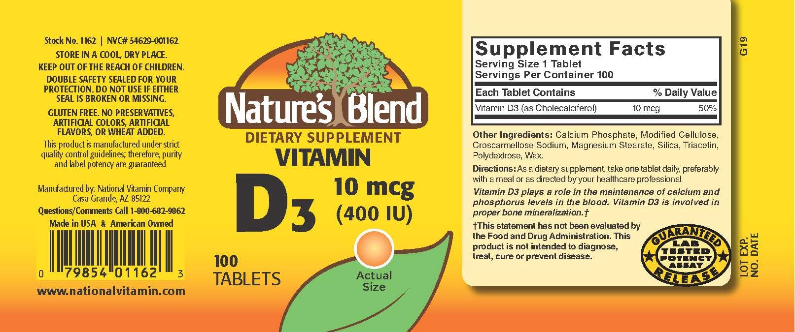 Bottle and label of Nature's Blend Vitamin D 400 IU 100 tablets