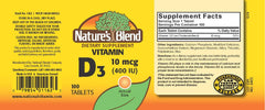 Bottle and label of Nature's Blend Vitamin D 400 IU 100 tablets