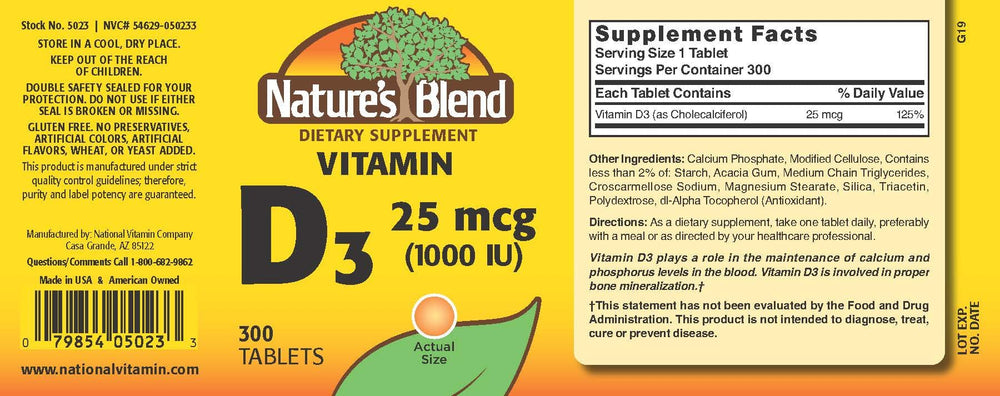 Nature's Blend Vitamin D3 1000 IU bottle and packaging